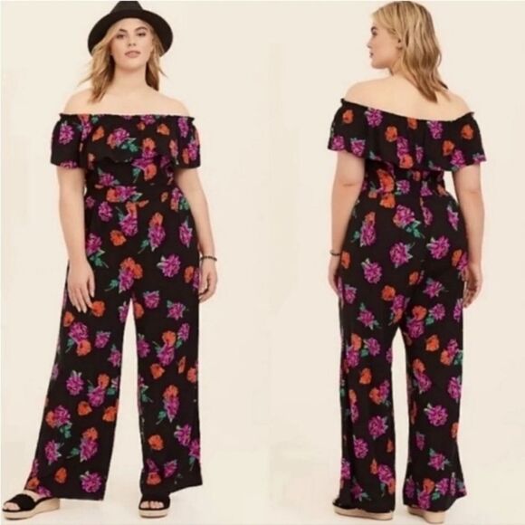 Torrid Black Floral Off Shoulder Design Contemporary Boho Feminine Jumpsuit - Picture 4 of 16